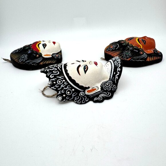 Tibetan Handcrafted Clay Masks Set of 3 Intricate Designs Vibrant Colors - Picture 7 of 9